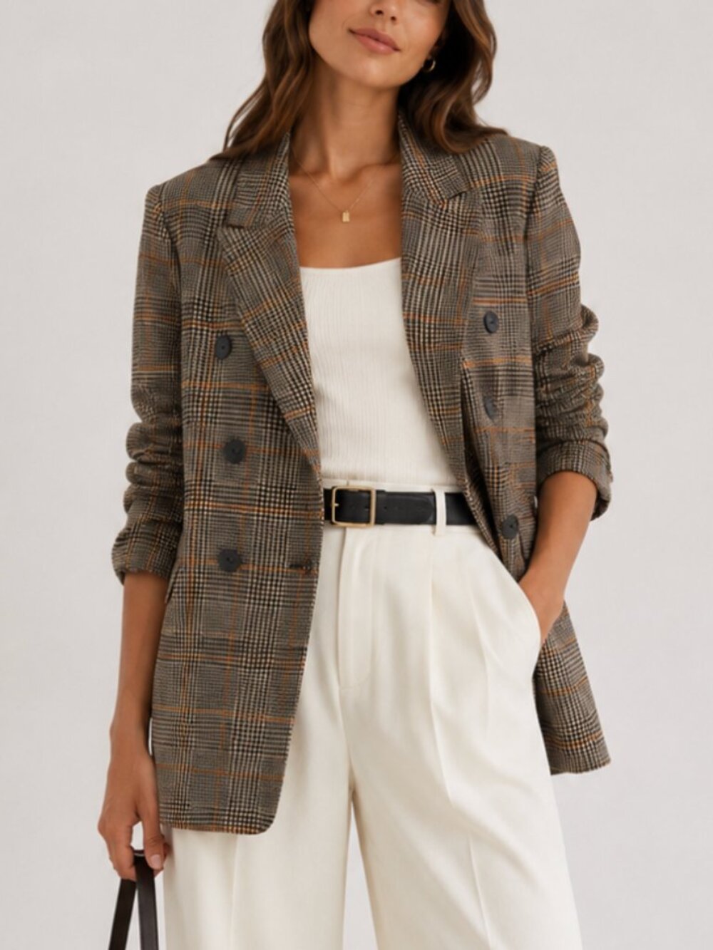 Zara Basic Houndstooth Plaid Double Breasted Coat Brown Black S